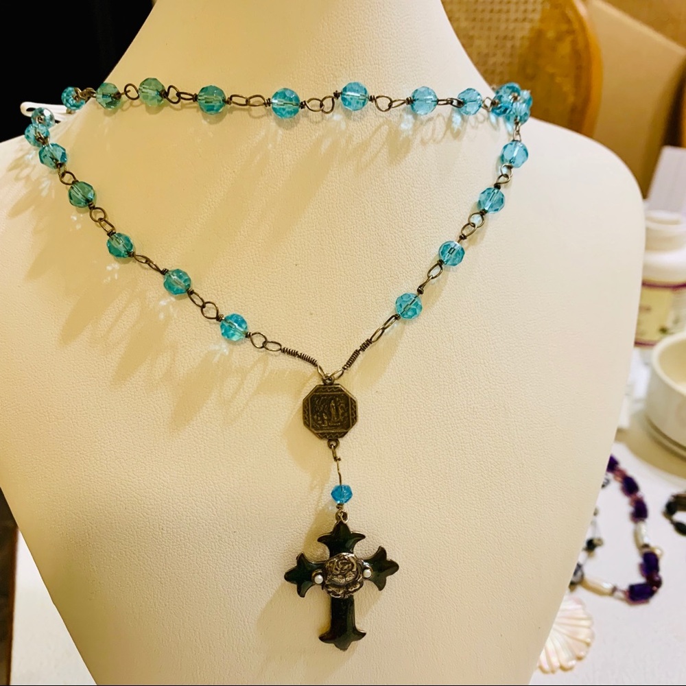 Silver and aqua beaded cross necklace!